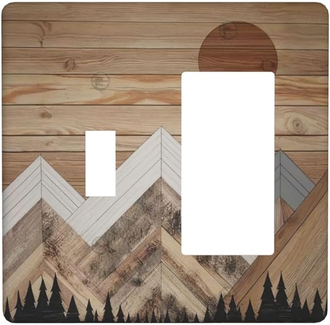 Wooden Planks Mosaic Snow Mountain Sun Outlet Covers 1 Toggle 1 Rocker Combination Decorative Wall Plate Electrical Switch Plates Light Switch Cover Plate for Farmhouse Home Decor