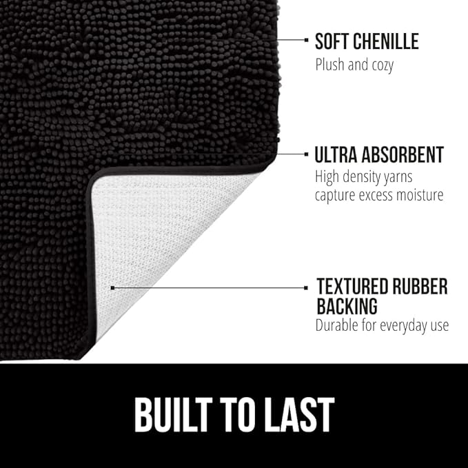 GORILLA GRIP Bath Rug Mat 60x17, Thick Soft Absorbent Chenille, Quick Dry Microfiber Mats, Rubber Backing Washable Shower Floor Rugs, Bathmat Runner, US Designed Bathroom Home Decor Accessories Black