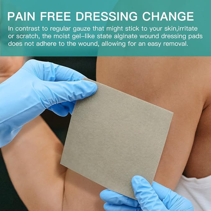 Dimora Upgrade 10 Packs Silver Antibacterial Alginate Wound Dressing Pads，Non-Stick Sterile Gauze，Highly Absorbent & Comfortable，4'' x 4'' Patches