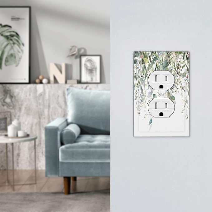 Sage Green Watercolor Eucalyptus Leaves Floral Flowers Outlet Covers 1 Gang Duplex Light Switch Cover Decorative Switch Plates Electrical Receptacle Faceplate Wall Plate for Farmhouse Bed Room Decor