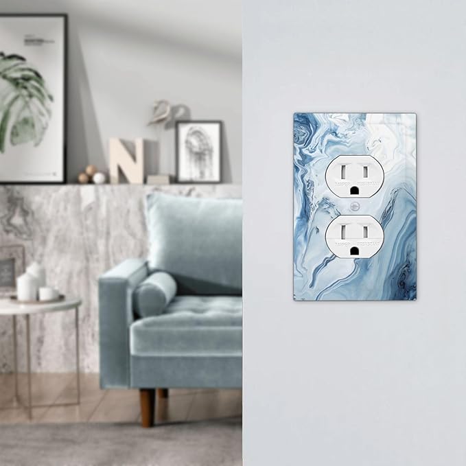Light Blue Marble Texture Abstract Print Outlet Covers 1 Gang Duplex Light Switch Cover Decorative Switch Plates Electrical Receptacle Faceplate Wall Plate for Bathroom Kitchen Home Decor