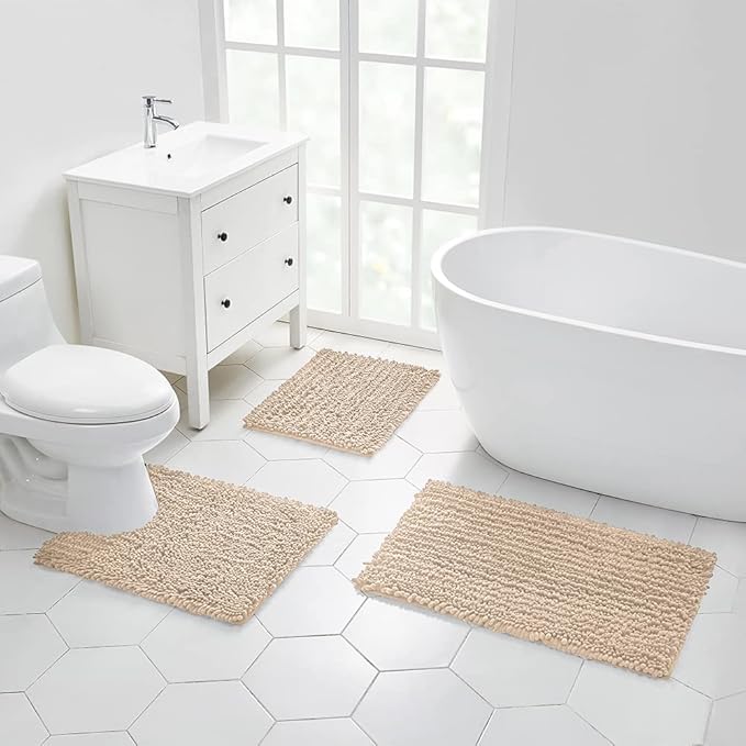 Walensee Bathroom Rug 2 Pieces Set Non Slip Bath Mat (17x24 Plus 20x32 Inch Beige) Water Absorbent Super Soft Shaggy Chenille Machine Washable Dry Extra Thick Perfect Carpet for Shower Floor