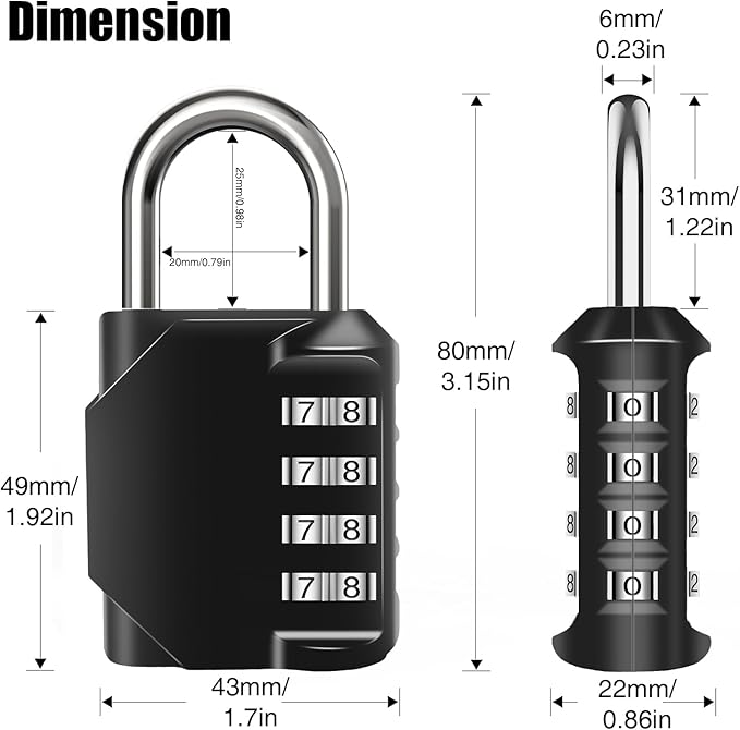 Combination Lock Waterproof 4 Digit Padlocks with Combination Code, Zinc Alloy Combination Lock for Door, Tool Boxes, Schools, Gym, Garden, Fences, Reel Cabinet & Storage, Black (1PCS)