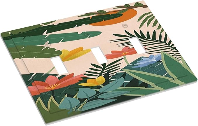 Decorative Switch Plates Boho Tropical Plant Floral Pattern 3 Gang Wall Plate Triple Toggle Light Switch Cover Faceplate Electrical Wall Panels for Bedroom Cabin Decor