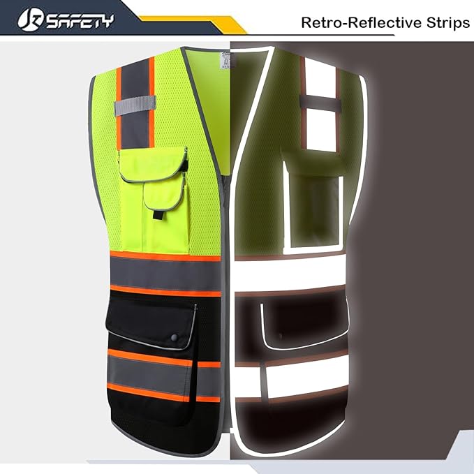 JKSafety 9 Pockets High Visibility Dual Color Zipper Front MESH Lite Safety Vest | Orange Color Triming Reflective Strip | ANSI/ISEA Standards (100-Yellow-Black, L)