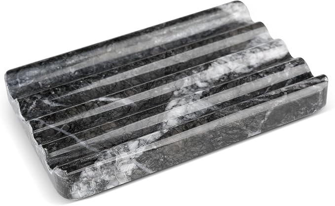 Marble Soap Dish, Bar Soap Holder Shower, Black Soaps Bathroom Saver with Water Ripple Design, Easy Cleaning Natural Stone Sponge Holder for Kitchen Sink, Executive Jewelry Ring Tray