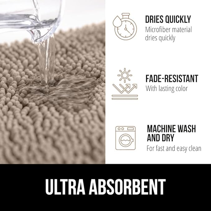 GORILLA GRIP Bathroom Rug Sets 3 Piece, Bath Mat Set and Oval Toilet Base with Rubber Backing, Plush Absorbent Shaggy Chenille Washable Mats, Includes 24x19.5, 24x17 and 36x24 Inch Rugs, Gray Beige