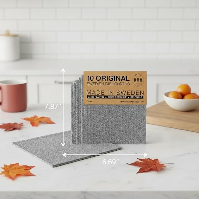 SUPERSCANDI 10 Pack Swedish Dishcloths for Kitchen - 100% Biodegradable & Compostable Reusable Paper Towels Washable, Food-Safe & Without Plastic - Dish Rags Suitable for Any Surface, Grey