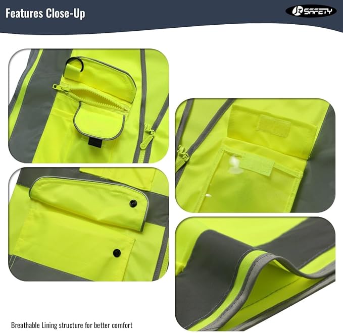 JKSafety 20 Pack 9 Pockets Class 2 High Visibility Zipper Front Safety Vest With Reflective Strips,Meets ANSI/ISEA Standard (Large, 156-Yellow)