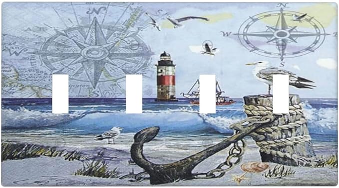 Light Switch Cover Sea Ocean Sand Coast Compass Ship Lighthouse Anchor 4 Gang Switch Plate Quad Toggle Wall Plates Decorative Switchplate Electrical Outlet Cover Plates for Bathroom Decor