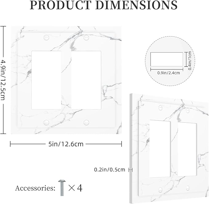 Luxurious White Marble Abstract Print Decorative Outlet Covers 2 Gang Double GFCI Rocker Electrical Wall Panels Light Switch Cover Plate for Bathroom Kitchen Bedroom Decor