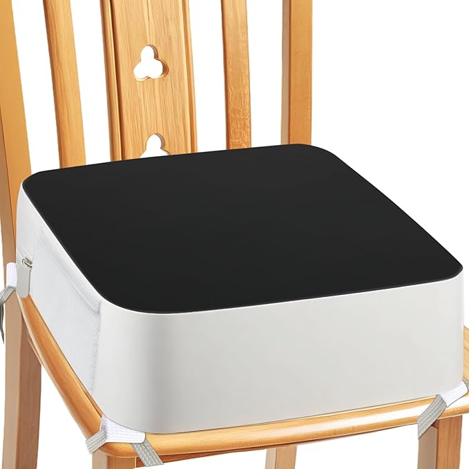 Booster Seat for Kitchen Chair - 4-Point Anchor 3.8" Lift Toddler Booster Seat for Dining Table with Side Pockets, Non-Slip & Portable Dining Cushion for Kids (Black)