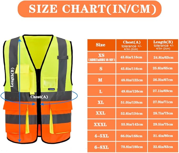 Yellow&Orange Color Mixed High Visibility Safety Vest with 7 Pockets with Reflective Strips and Zipper, X-Small
