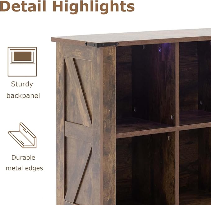 6 Cube Bookcase, Wooden Cube Storage Organizer Shelf, Brown Horizontal Book Shelf with LED Lights, Freestanding Display Cabinet for Living Room, Bedroom, Home Office