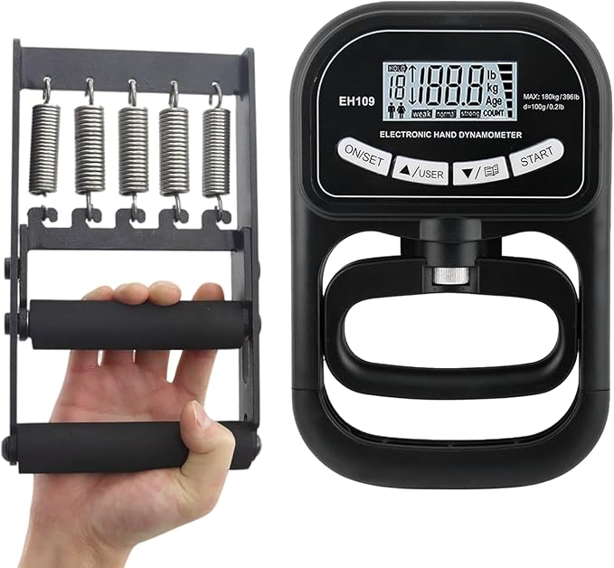 AHTAPFON Grip Strength Tester Trainer Set-Electronic Hand Dynamometer of 396lbs ＆ Solid Metal Grip Strengthener -Adjustable Resistance of 165lbs-5×Heavy-Duty Springs,Fit Sport Home Gym Workouts