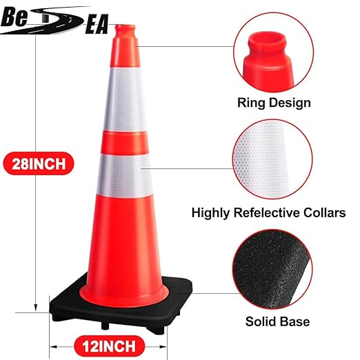 (8 Cones) BESEA 28” inch Orange PVC Traffic Cones, Black Base Construction Safety Cones Road Parking Cone Structurally Stable Wearproof (28" Height)