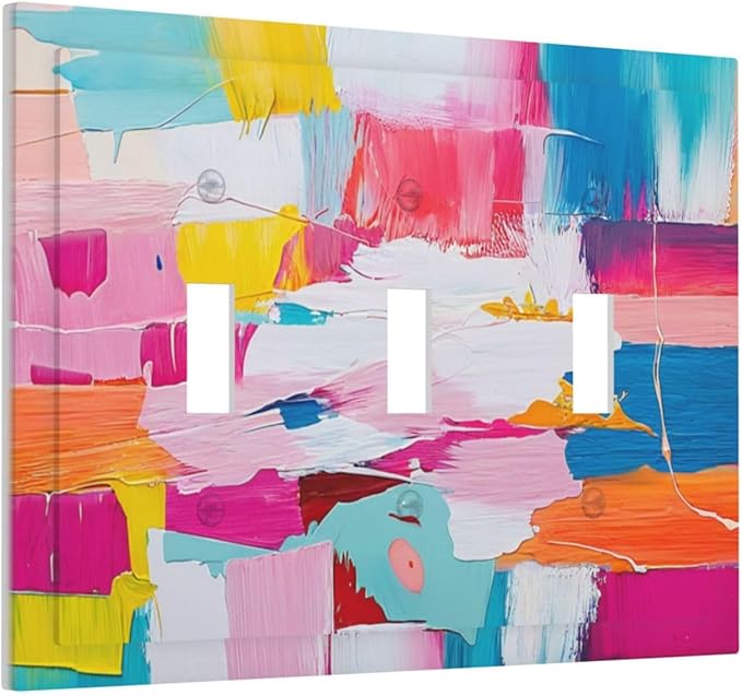 Decorative Switch Plates Multicoloured Modern Watercolor Oil Painting 3 Gang Wall Plate Triple Toggle Light Switch Cover Faceplate Electrical Wall Panels for living Room Bedroom Decor