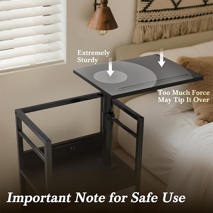 Swivel Lift Top Nightstand with Charging Station, 2-Tier 360° Adjustable Bedside Table, Rolling Night Stand with Wheels, Small End Table with Fabric Drawer, for Bedroom, Living Room, Black Gray