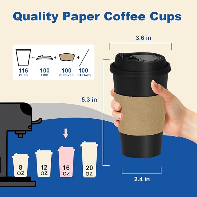 16 oz Coffee Cups + 16 Extra Cups Bulk Disposable To-Go Paper Cups with Lids and Sleeves for Hot Beverage, Chocolate, Cocoa, Office Supplies, Coffee Bar Accessories (100 Pack + 16 Extra Cups, Black)