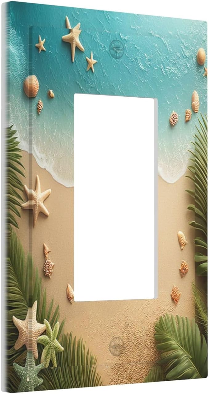 Decorative Outlet Covers Summer Beach Themed Starfish Seashells 1 Gang Single Rocker Light Switch Cover Plate Wall Plates GFCI Faceplate for Bedroom Bathroom Decor