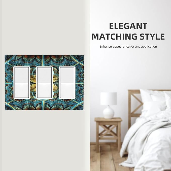 Light Switch Cover Boho Fractal Mandala 3 Gang Wall Plate Triple Light Switch Plate Bohemia Rocker GFCI Outlet Covers Decorative Receptacle Cover for Bathroom Bedroom Decor