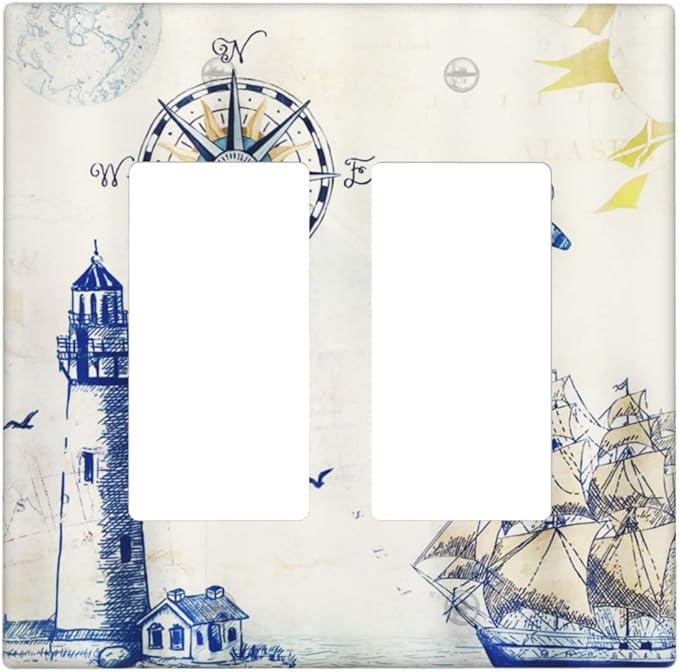 Nautical Sailboat Lighthouse Compass Anchor Double Rocker/Decora Outlet Covers Plate 2 Gang Light Switch Cover Decorative Rustic Gfci Wall Plate Electrical Switchplate for Country Bathroom