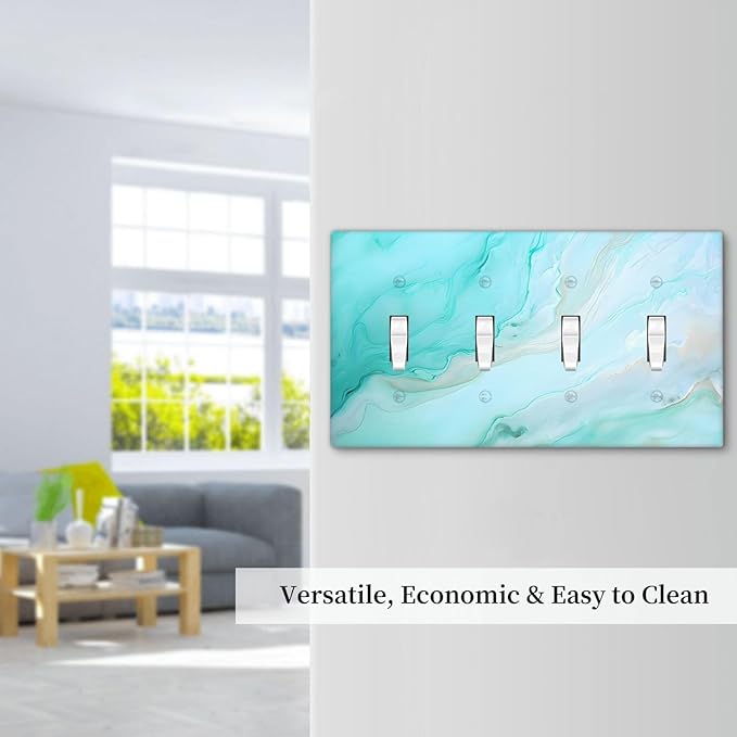 Teal Gold Marbling Turquoise Print Light Switch Covers Quad Toggle Electrical Faceplate 4 Gang Wall Plate Decorative Switch Plates Cover for Bathroom Living Room Home Decor