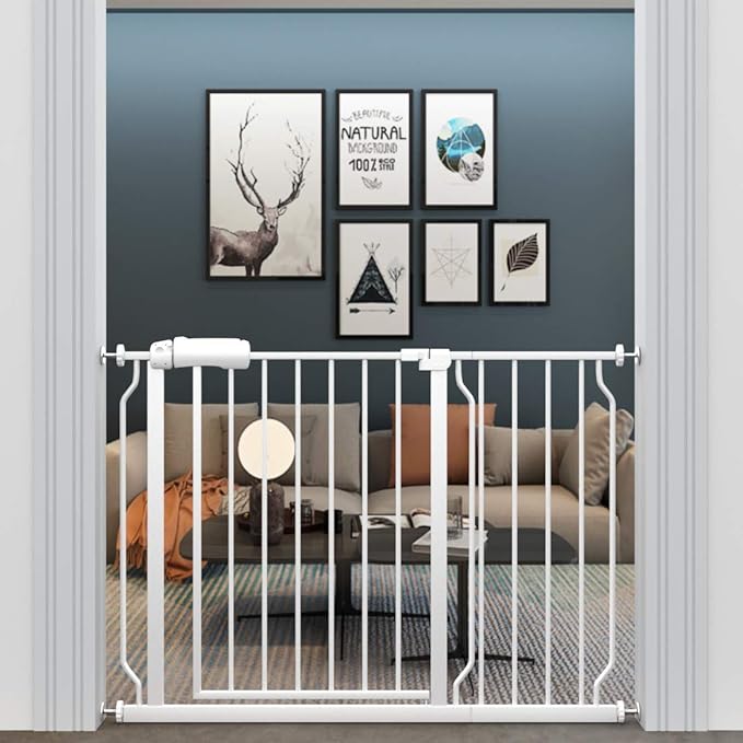 ALLAIBB Extra Wide Pressure Mount Baby Gate Auto Close White Metal Child Dog Pet Safety Gates with Walk Through for Stairs,Doorways,Kitchen and Living Room(43.31-48.03"/110-122cm)