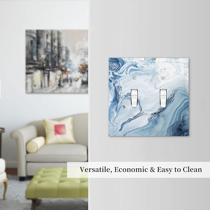 Light Blue Marble Texture Abstract Print Decorative Switch Plates 2 Gang Double Toggle Outlet Light Switch Cover Wall Plate Electrical Faceplate for Bathroom Kitchen Home Decor