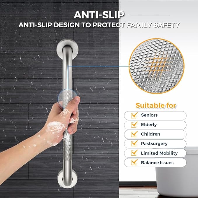 Grab Bars for Shower, 1 Pack 24-Inch Anti Slip Shower Handles for Elderly, Safety Shower Grab Bar, Stainless Steel Handicap Grab Bars for Bathroom,Toilet (Brushed Nickel, 1" Diameter)