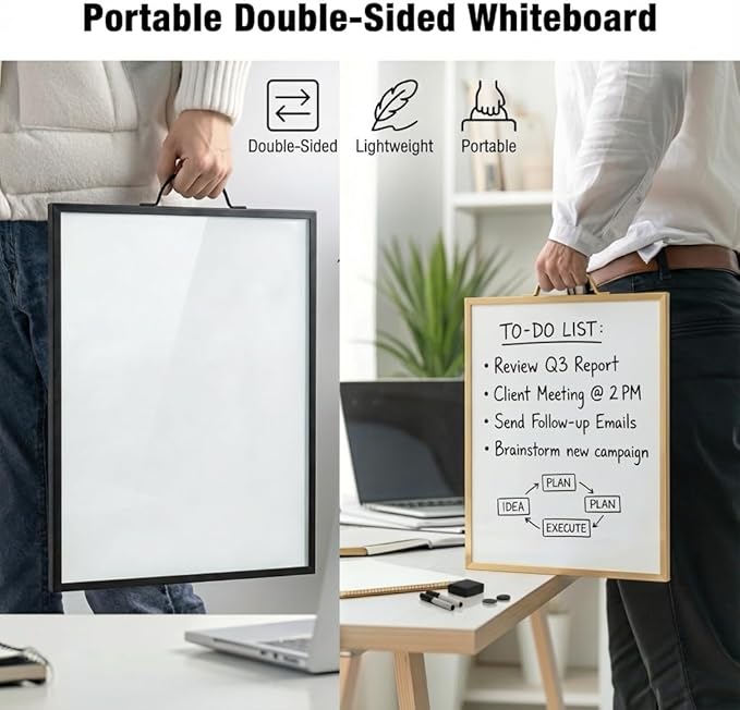 Small Whiteboard 12 x 16 Inch Magnetic Dry Erase Board with Handle | Black Aluminum Frame | Double-Sided Planner Board with Weekly & Monthly Sheets | 3 Markers, Eraser & 2 Magnets
