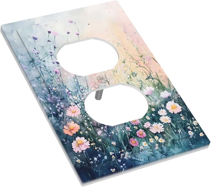 Outlet Covers Pink Floral Wildflower Green Plants Decorative 1 Gang Duplex Light Switch Cover Plate Receptacle Wall Plate Electrical Switch Plate Covers for Bathroom Decor