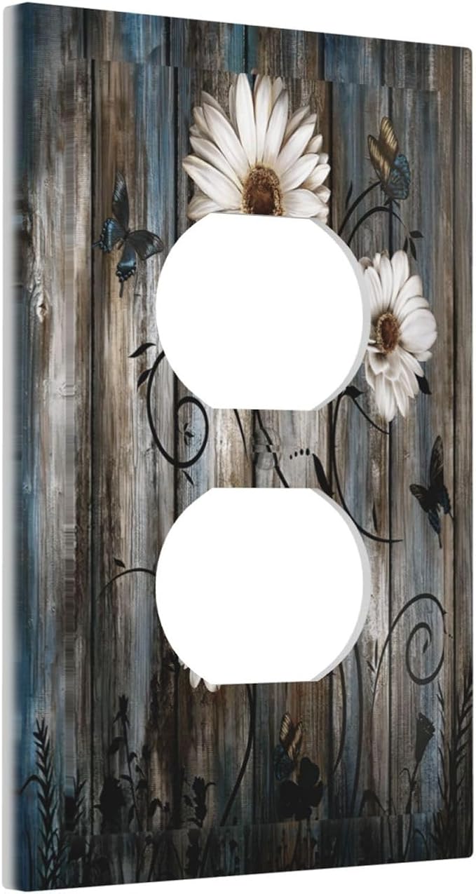 Rustic Wood Background Floral Butterfly Daisy Outlet Covers 1 Gang Duplex Light Switch Cover Decorative Switch Plates Electrical Receptacle Faceplate Wall Plate for Farmhouse Bedroom Decor