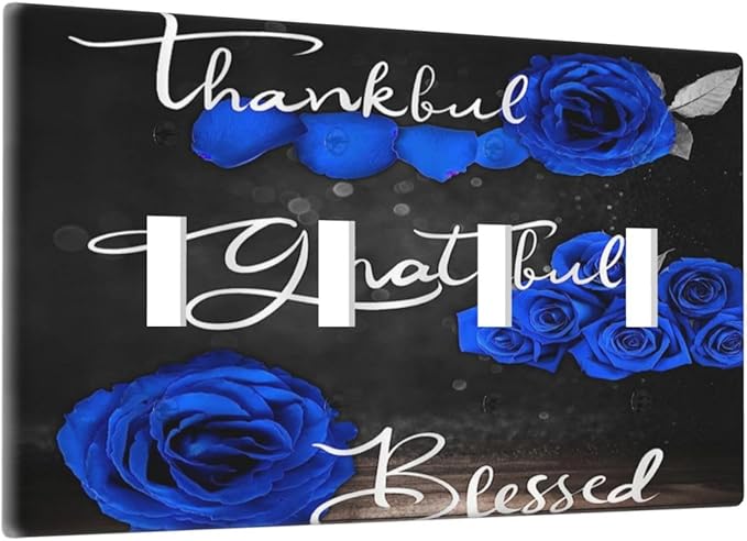 Light Switch Cover Blue Rose Thankful Grateful Blessed 4 Gang Switch Plate Quad Toggle Wall Plates Romantic Blue Floral Decorative Switchplate Electrical Outlet Cover Plates for Home Decor