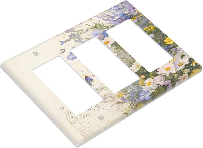 Decorative Outlet Covers Purple Flower Butterfly Yellow Daisy 3 Gang Gfci Wall Plate Triple Rocker Light Switch Cover Plate Switch Plate Covers for Bathroom Decor