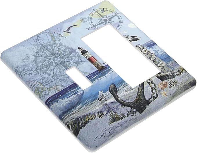 Light Switch Cover Sea Ocean Sand Coast Compass Ship Lighthouse Anchor 2 Gang Toggle Rocker Combo Wall Plates Decorative Switch Plates and Outlet Covers Receptacle Cover for Bathroom Decor