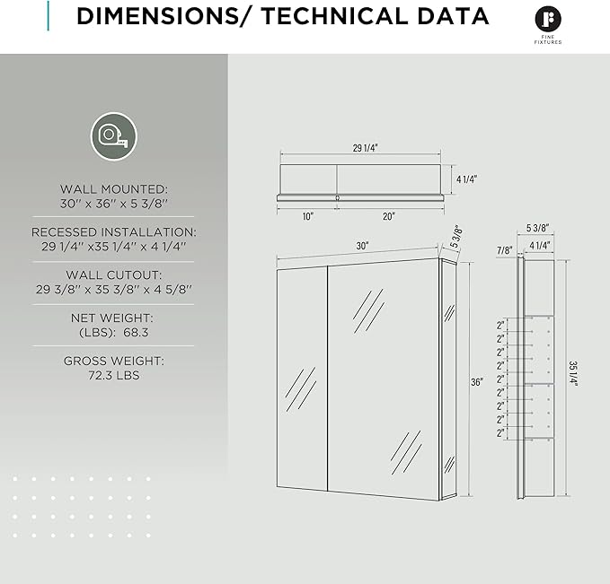 Fine Fixtures Bathroom Medicine Cabinet, Aluminum, Recessed/Surface Mount, 30" x 36", Right/Left Hinged, Mirrored Interior
