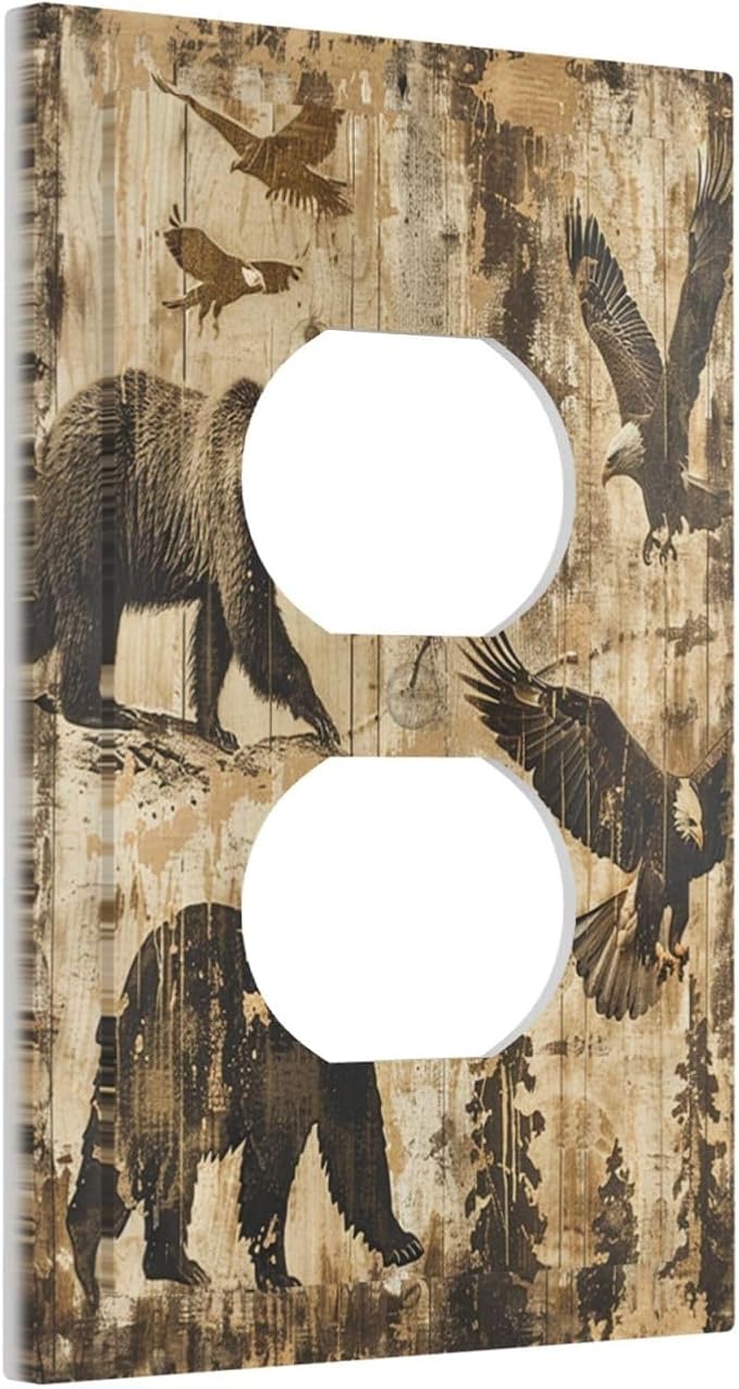 Outlet Covers Vintage Cabin Wildlife Animal Bear Eagle Forest 1 Gang Duplex Wall Plate Decorative Switch Plates Electrical Receptacle Faceplate Light Switch Cover for Farmhouse Bedroom Decor