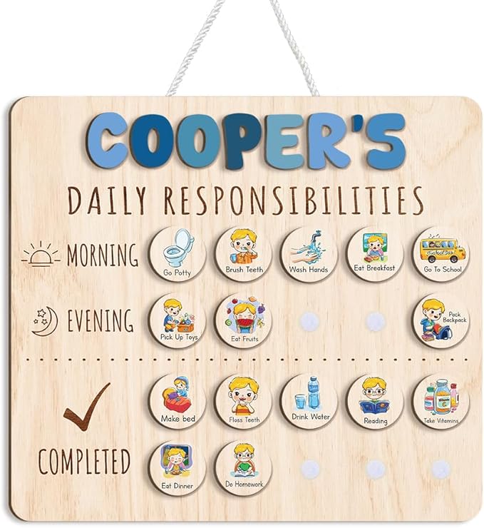 Personalized Wooden Daily Routine Chart 13.5x15", Visual Schedule, Daily Responsibilities for Kids, Morning Bedtime Routine Chart for Toddlers (13)