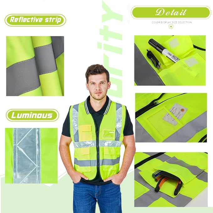 YOWESHOP High Visibility Safety Vest Custom Your Logo Protective Workwear 5 Pockets With Reflective Strips Outdoor Work Vest (S, Black Luminous)