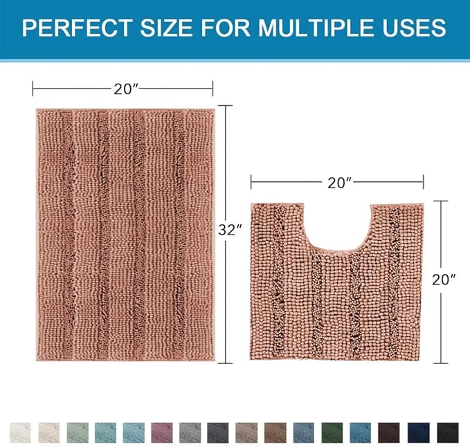 H.VERSAILTEX Bathroom Rugs Bath Rug Set 2 Piece Bathroom Contour Rug Toilet Mat Non Slip Contour Bath Rug Ultra Thick Water Absorbent Striped Bath Mats Washable(20" x 32" Plus 20" x 20" U, Muted Clay)