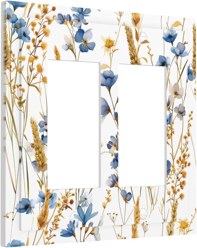 Vintage Wildflower Blue Gold Country Fall Wheat Floral Decorative Outlet Covers 2 Gang Double GFCI Rocker Electrical Wall Panels Light Switch Cover Plate for Bedroom Living Room Decor