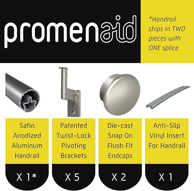 Promenaid 13ft Flush Handrail Kit - Champagne - Complete Indoor/Outdoor Handrail for Stairs - 1.6" Round Anodized Aluminum Railing with 5 Nickel Plated Pivoting Wall Brackets & Flush Endcaps