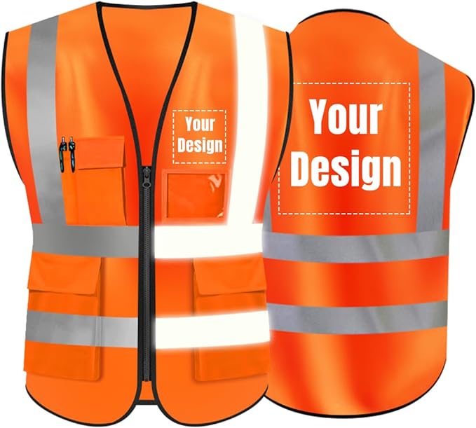 YOWESHOP High Visibility Safety Vest Custom Your Logo Protective Workwear 5 Pockets With Reflective Strips Outdoor Work Vest (Orange (S))