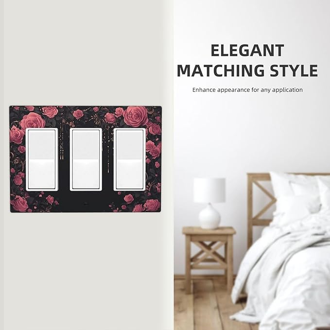 Light Switch Covers Dark Background Red Rose Leaf 3 Gang Rocker Electrical GFCI Decorative Triple Outlet Wall Plate Cover Switchplate for Bedroom living Room Decor