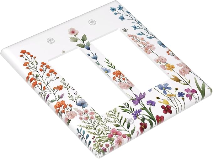 Rustic Wild Floral Vintage Colorful Flowers Outlet Covers Double Rocker Light Switch Covers Decorative 2 Gang Gfci Wall Plate Electrical Receptacle Switchplate Plug Faceplate Bathroom Decor
