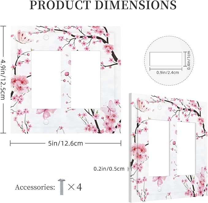 Cherry Floral Watercolor Pink Flowers Butterfly Decorative Outlet Covers 2 Gang Double GFCI Rocker Electrical Wall Panels Light Switch Cover Plate for Bed Room Living Room Decor