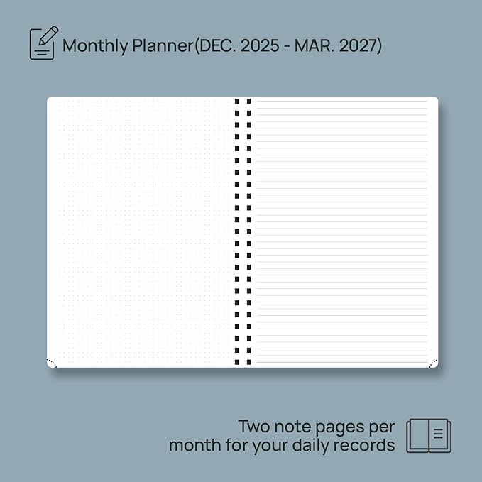 POPRUN 2026-2027 Monthly Planner A4 Size, 16 Months Calendar (Dec 2025-Mar 2027), 2 Pages per Month with Dotted & Lined Note, Monthly Tabs, Spiral Softcover, 2 Inner Pockets - Ink Blue