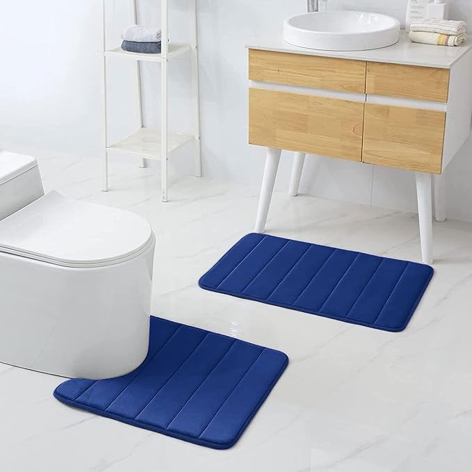 Buganda Memory Foam U-Shaped Contour Toilet Rugs, Non Slip Absorbent, Thick Soft Washable Bathroom Mat, Floor Carpet Bath Rugs Mat for Toilet Base (24" x 24", Navy Blue)