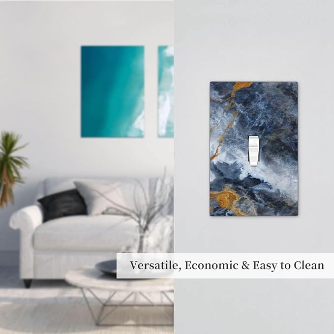Gold Dark Blue Gilt Haze Marble Light Switch Covers Decorative Single Toggle Wall Plate Dimmer Switchplate Cover 1 Gang Unbreakable Polycarbonate Replacement Faceplate Covers for Bathroom Decor